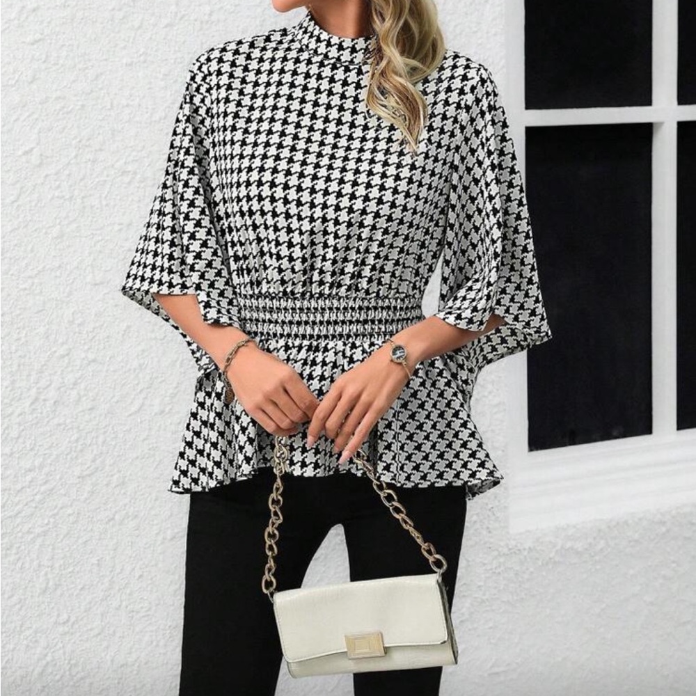Classic Houndstooth Ruffle Hem Smocked Waisted Flare Sleeve Top Blouse Shirt